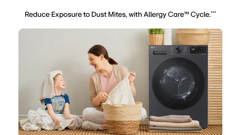 A mother and child next to a modern dark grey LG dryer, the text reads “Reduce exposure to dust mites with Allergy Care Cycle” A mother and child next to a modern dark grey LG dryer, the text reads “Reduce exposure to dust mites with Allergy Care Cycle”
