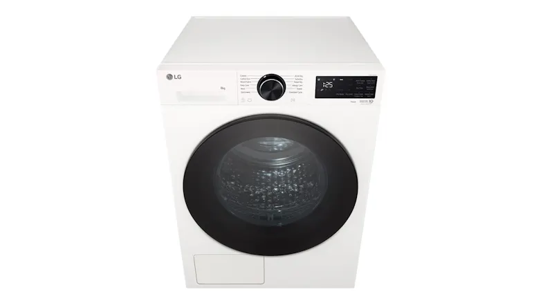 High-angle front view looking down at a white smart dryer with a black control interface High-angle front view looking down at a white smart dryer with a black control interface