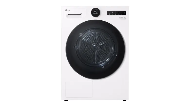 Front-facing view of a white LG Series 9 9kg Heat Pump Dryer with a black tinted glass door Front-facing view of a white LG Series 9 9kg Heat Pump Dryer with a black tinted glass door
