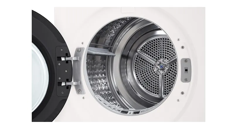 Inner view of the LG heat pump dryer, featuring a spacious drum with a bright metallic finish Inner view of the LG heat pump dryer, featuring a spacious drum with a bright metallic finish