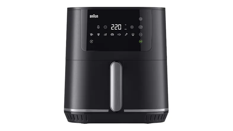 Front view of Braun MultiFry 5 air fryer in black with a glossy digital control panel Front view of Braun MultiFry 5 air fryer in black with a glossy digital control panel