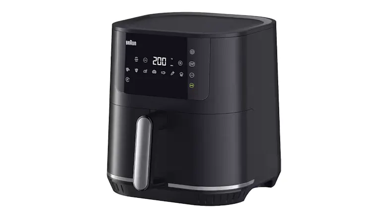 Angled side view of the Braun MultiFry 5 air fryer showing its compact design Angled side view of the Braun MultiFry 5 air fryer showing its compact design