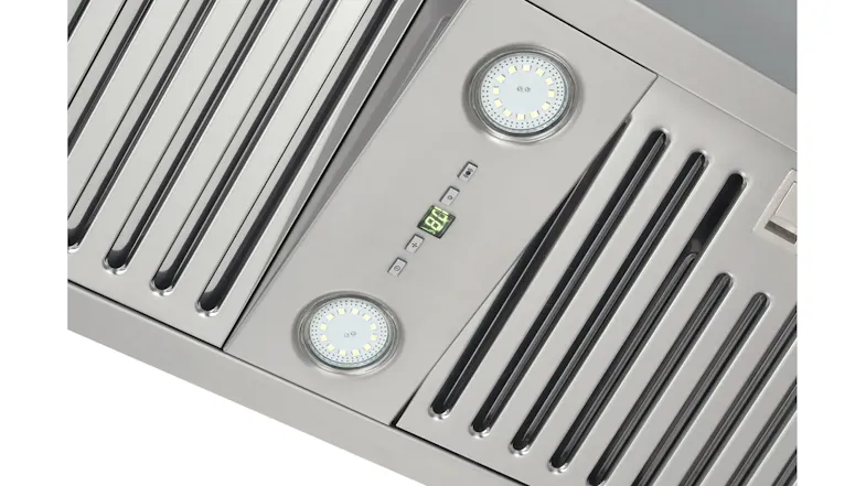 Close-up of the Schweigen 120cm silent rangehood controls, featuring two LED lights and a digital display set between vent panels Close-up of the Schweigen 120cm silent rangehood controls, featuring two LED lights and a digital display set between vent panels