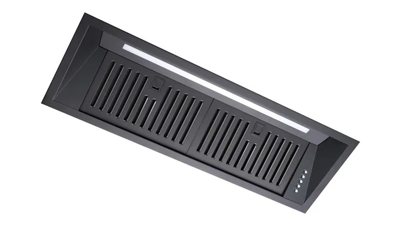 Angled view of an undermount rangehood with twin SP motors, black finish, LED strip and vent panels Angled view of an undermount rangehood with twin SP motors, black finish, LED strip and vent panels