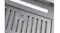 A close-up of the stainless steel Schweigen rangehood showing vent slots, a square control switch, and a built-in LED light strip design A close-up of the stainless steel Schweigen rangehood showing vent slots, a square control switch, and a built-in LED light strip design