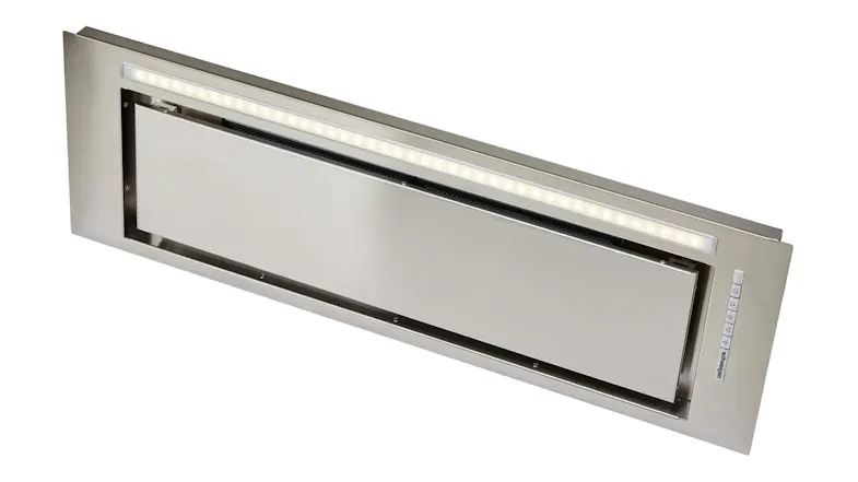 A left angled view of an undermount rangehood with it LED strip lights and stainless-steel finish A left angled view of an undermount rangehood with it LED strip lights and stainless-steel finish