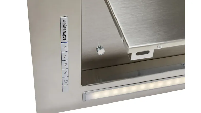 A close-up of the Schweigen rangehood controls, stainless steel panel, LED light strip and integrated buttons A close-up of the Schweigen rangehood controls, stainless steel panel, LED light strip and integrated buttons