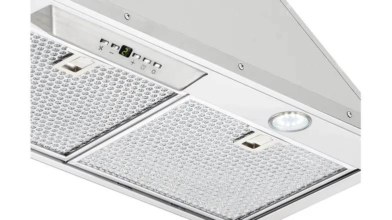 Close-up of stainless rangehood underside with mesh filters, buttons, and LED display set to level 2, light on Close-up of stainless rangehood underside with mesh filters, buttons, and LED display set to level 2, light on