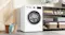 Bosch Series 4 washing machine styled in a bright laundry room next to a shelf and laundry basket Bosch Series 4 washing machine styled in a bright laundry room next to a shelf and laundry basket