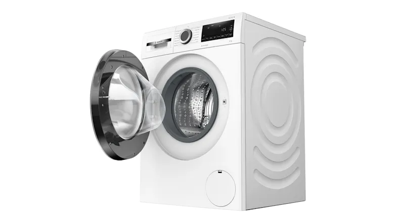 Bosch 10kg front loader washing machine shown from a side angle with the door swung open Bosch 10kg front loader washing machine shown from a side angle with the door swung open