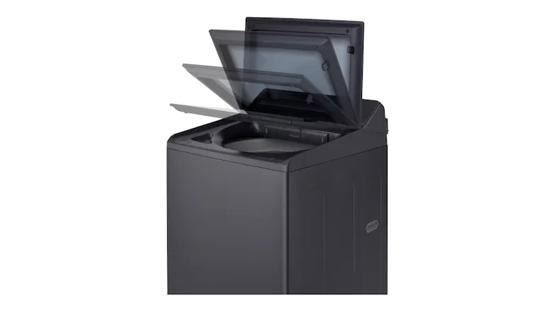 Angled view of the washer with soft-closing action of the glass lid Angled view of the washer with soft-closing action of the glass lid
