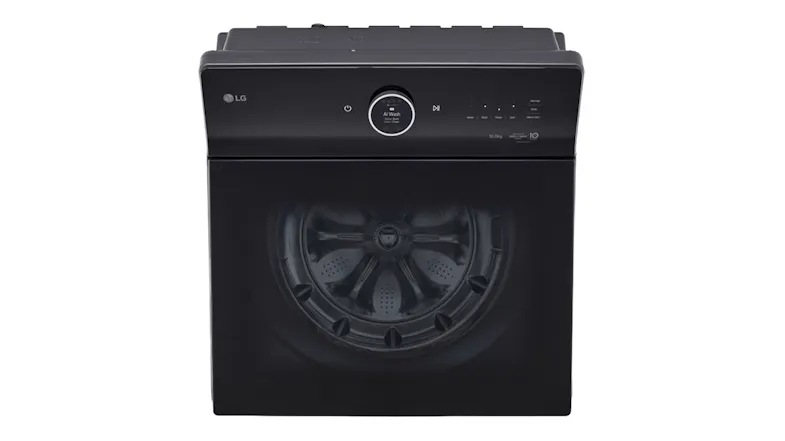 Top-down view of the washing machine showcasing the glass top surface Top-down view of the washing machine showcasing the glass top surface