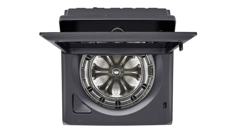 Top-down view of the washing machine with visible drum Top-down view of the washing machine with visible drum