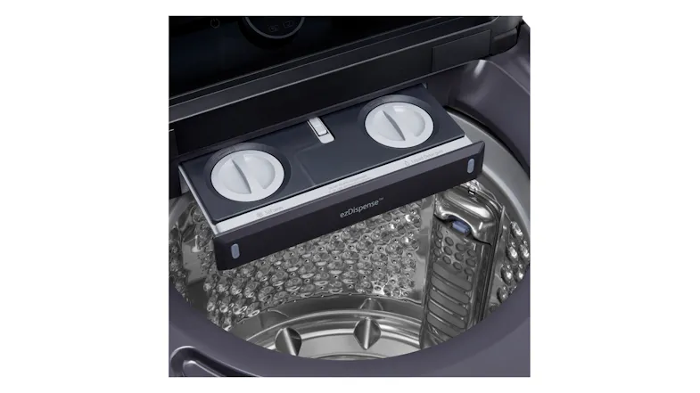 Close-up view of the washing machine with an extended automatic dispenser tray Close-up view of the washing machine with an extended automatic dispenser tray