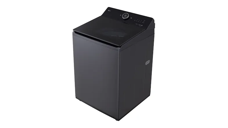 Angled right side view of the LG washer showcasing the tinted glass lid Angled right side view of the LG washer showcasing the tinted glass lid
