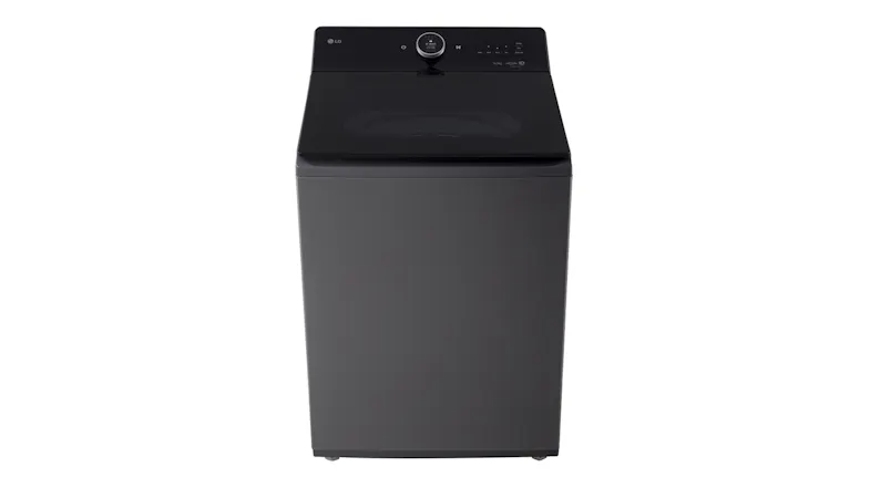 High-angle front view of the washing machine with the LG logo High-angle front view of the washing machine with the LG logo