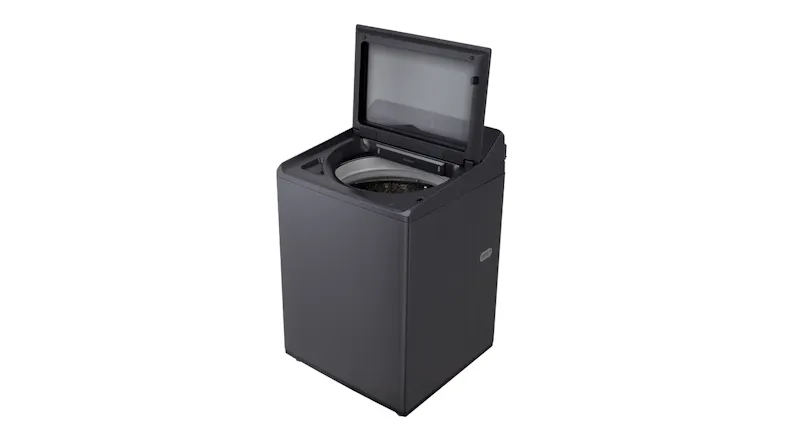 Angled right view of the LG top-load washer with stainless steel drum Angled right view of the LG top-load washer with stainless steel drum