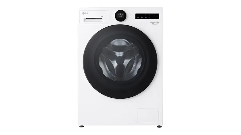 An LG Series 10 12kg Front Loader Washing Machine in a sleek white colour An LG Series 10 12kg Front Loader Washing Machine in a sleek white colour