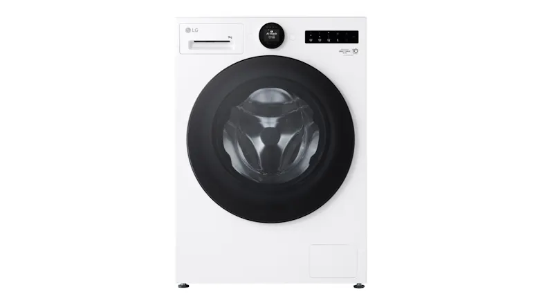 An LG Series 9 9kg Front Loader Washing Machine in a sleek white colour An LG Series 9 9kg Front Loader Washing Machine in a sleek white colour
