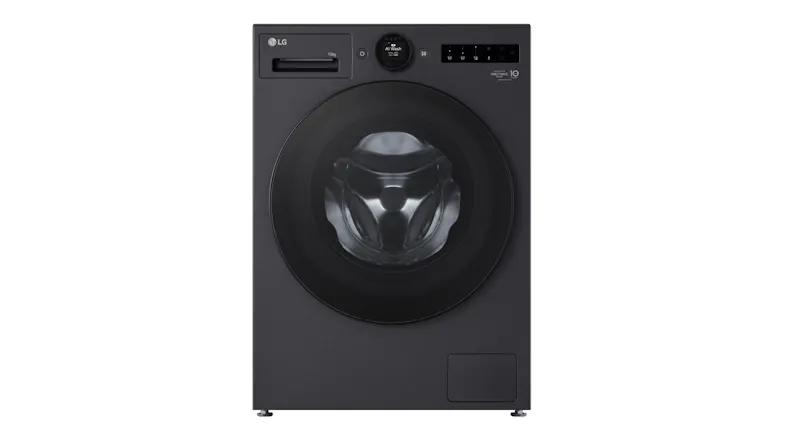 An LG Series 9 10kg Front Loader Washing Machine in a sleek matte black colour An LG Series 9 10kg Front Loader Washing Machine in a sleek matte black colour