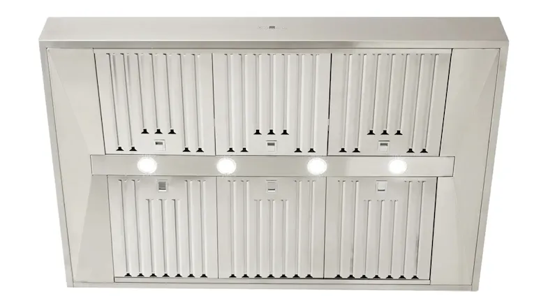 Stainless steel kitchen rangehood with metal filters and built-in lights, shown from a low-angle perspective Stainless steel kitchen rangehood with metal filters and built-in lights, shown from a low-angle perspective