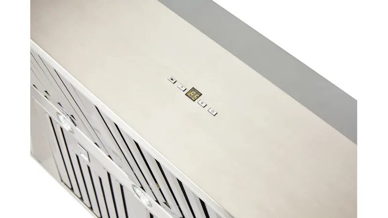 Close-up of a stainless steel rangehood top panel with digital display and control buttons Close-up of a stainless steel rangehood top panel with digital display and control buttons
