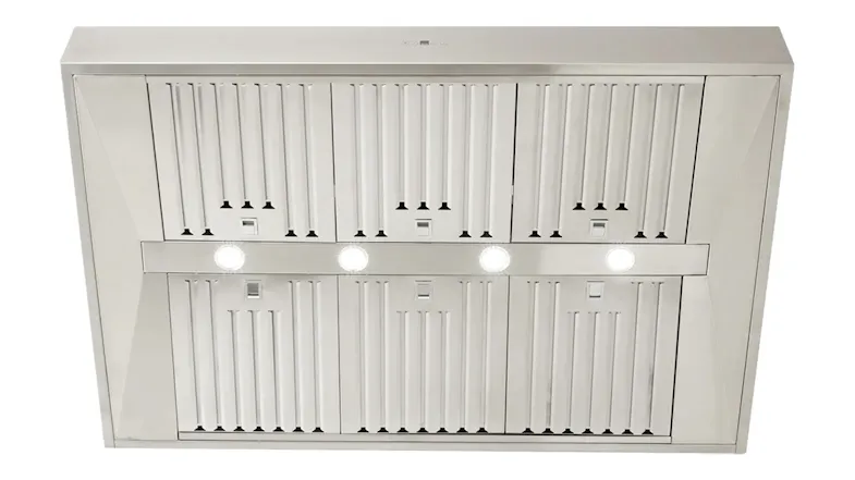 Stainless steel kitchen rangehood with metal filters and built-in lights, shown from a low-angle perspective Stainless steel kitchen rangehood with metal filters and built-in lights, shown from a low-angle perspective