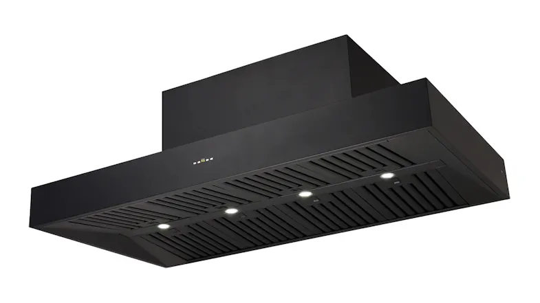 Angled view of a 150cm BBQ wall-mounted rangehood with built-in lighting in black finish Angled view of a 150cm BBQ wall-mounted rangehood with built-in lighting in black finish
