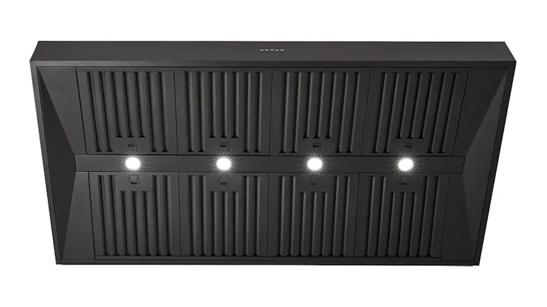 Underside view of Schweigen alfresco rangehood showing its baffle filters and four bright LED lights Underside view of Schweigen alfresco rangehood showing its baffle filters and four bright LED lights