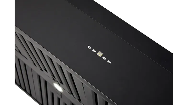 A top-angle view of Schweigen's 150cm wall-mounted rangehood showing its digital control panel A top-angle view of Schweigen's 150cm wall-mounted rangehood showing its digital control panel