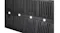 A detailed close up view of a black range hood and it 4 LED lights and grille A detailed close up view of a black range hood and it 4 LED lights and grille