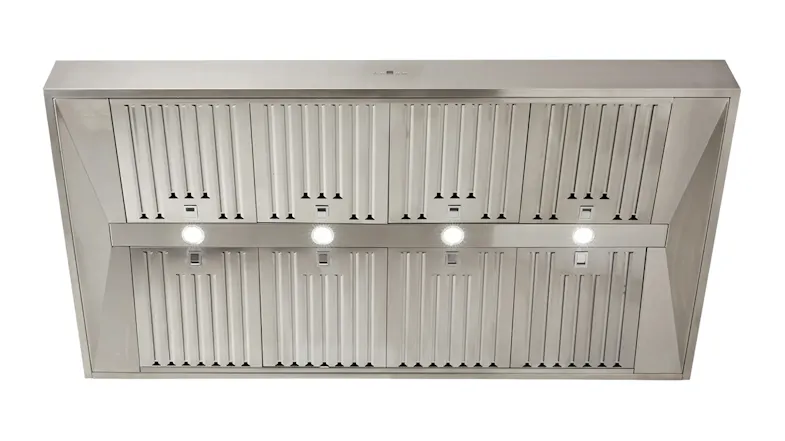 Underside view of Schweigen alfresco rangehood showing its baffle filters and four bright LED lights Underside view of Schweigen alfresco rangehood showing its baffle filters and four bright LED lights