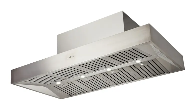 Angled view of a 150cm BBQ wall-mounted rangehood with built-in lighting in stainless steel finish Angled view of a 150cm BBQ wall-mounted rangehood with built-in lighting in stainless steel finish