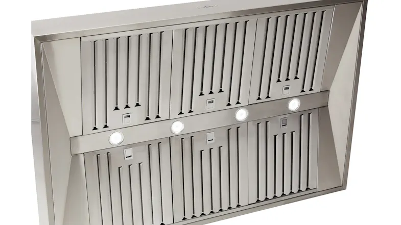Underside of the Schweigen rangehood with stainless steel baffle filters and four built-in LED lights illuminated Underside of the Schweigen rangehood with stainless steel baffle filters and four built-in LED lights illuminated