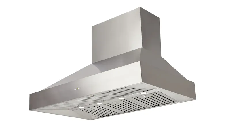 An angled view of a modern rangehood with chimney duct, durable baffle filters, and integrated LED lights An angled view of a modern rangehood with chimney duct, durable baffle filters, and integrated LED lights