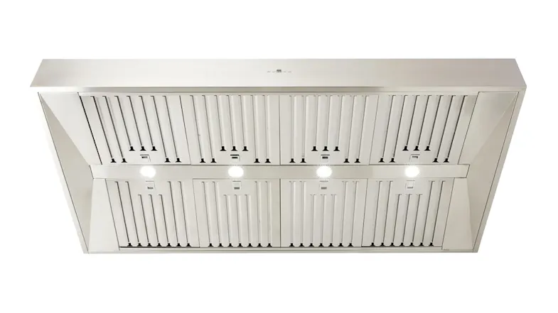 Stainless steel kitchen rangehood with metal filters and built-in lights, shown from a low-angle perspective Stainless steel kitchen rangehood with metal filters and built-in lights, shown from a low-angle perspective