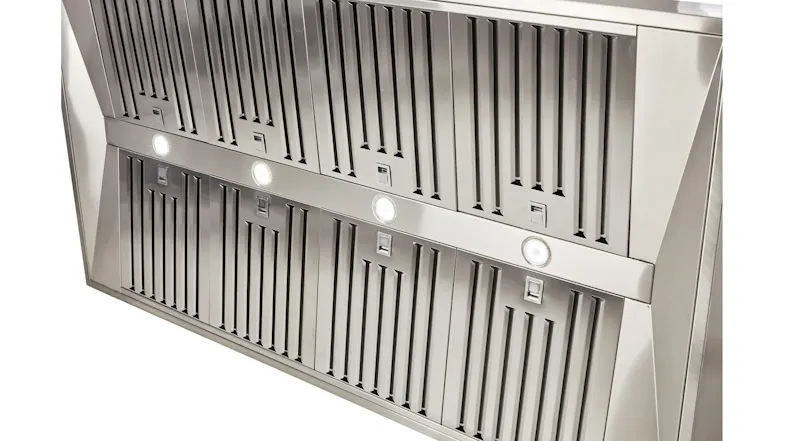 Stainless steel Schweigen rangehood with vertical vents and built-in lights along the front panel Stainless steel Schweigen rangehood with vertical vents and built-in lights along the front panel
