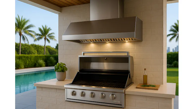 Patio cooking space with rangehood, grill, and pool view in a modern outdoor setting Patio cooking space with rangehood, grill, and pool view in a modern outdoor setting