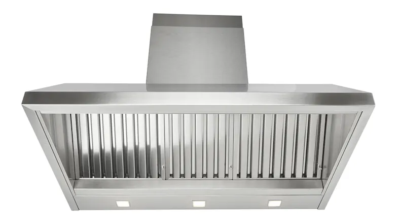 Stainless steel kitchen rangehood with built-in lighting and metal baffle filters Stainless steel kitchen rangehood with built-in lighting and metal baffle filters