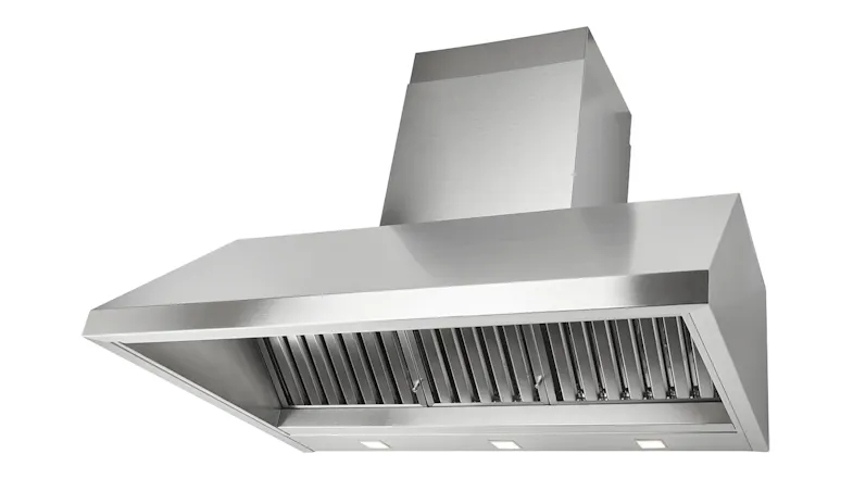 Angled view of the wall-mounted rangehood with vent chimney, metal filters, and built-in lights Angled view of the wall-mounted rangehood with vent chimney, metal filters, and built-in lights