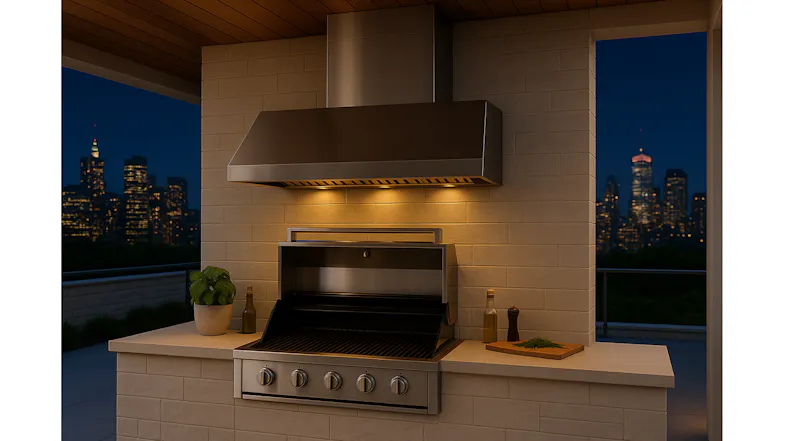 Kitchen with stainless steel rangehood and grill, illuminated with a city skyline view at night Kitchen with stainless steel rangehood and grill, illuminated with a city skyline view at night