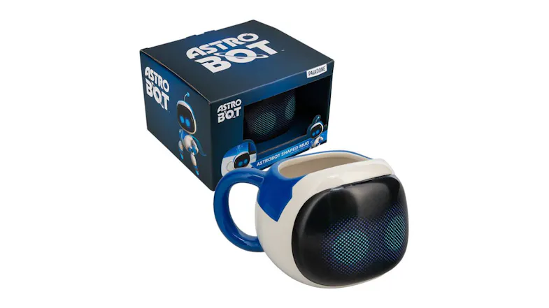 Astro Bot head-shaped mug displayed beside its retail box Astro Bot head-shaped mug displayed beside its retail box