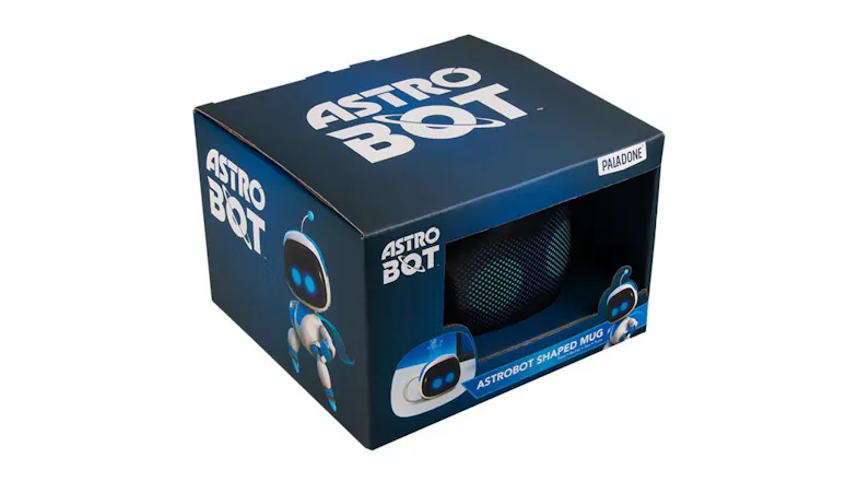 Astro Bot-shaped mug packaging shown at a slight angle Astro Bot-shaped mug packaging shown at a slight angle