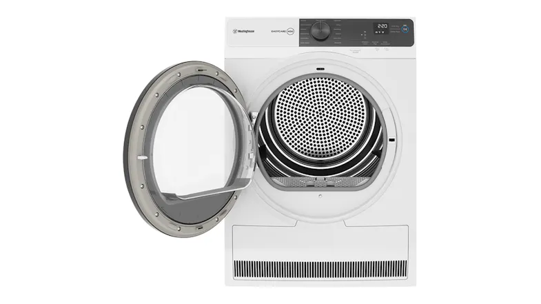 An open heat pump dryer showing the inner drum An open heat pump dryer showing the inner drum