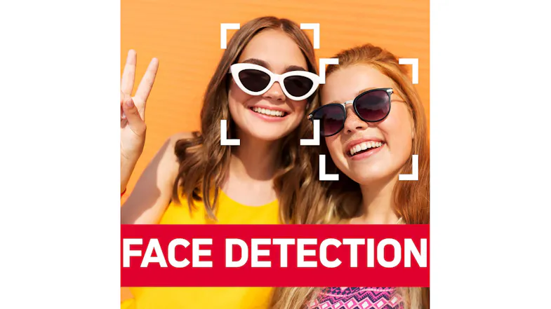 Front view of two smiling women, highlighting “face detection” text Front view of two smiling women, highlighting “face detection” text