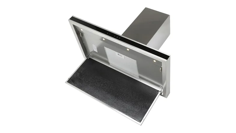 rangehood with the front panel open, showing interior lights and a metal filter rangehood with the front panel open, showing interior lights and a metal filter