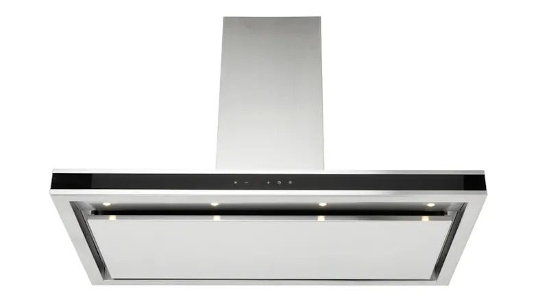 A front view of a stainless-steel wall-mounted rangehood with a slim black control panel, LED lights and modern minimalist canopy design A front view of a stainless-steel wall-mounted rangehood with a slim black control panel, LED lights and modern minimalist canopy design