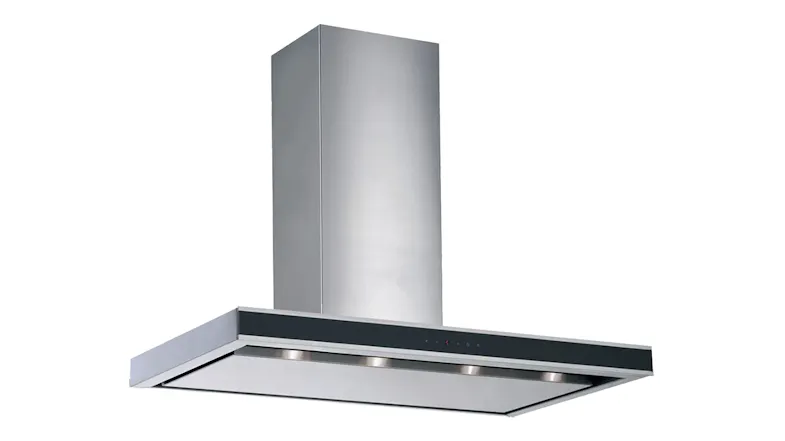 A front view of a stainless-steel rangehood with chimney, slim canopy, black glass control panel and integrated LED lighting strip A front view of a stainless-steel rangehood with chimney, slim canopy, black glass control panel and integrated LED lighting strip