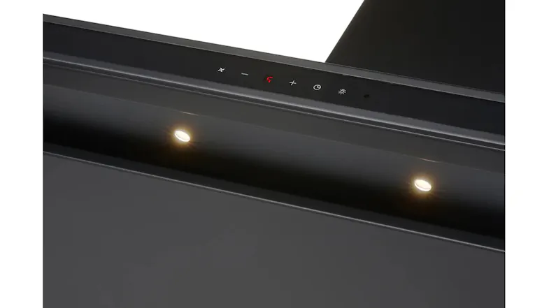 Schweigen black rangehood with illuminated LED lights and a digital display showing active fan speed setting Schweigen black rangehood with illuminated LED lights and a digital display showing active fan speed setting