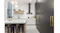 Modern kitchen with white cabinets, marble island, black stools, and sleek black rangehood Modern kitchen with white cabinets, marble island, black stools, and sleek black rangehood